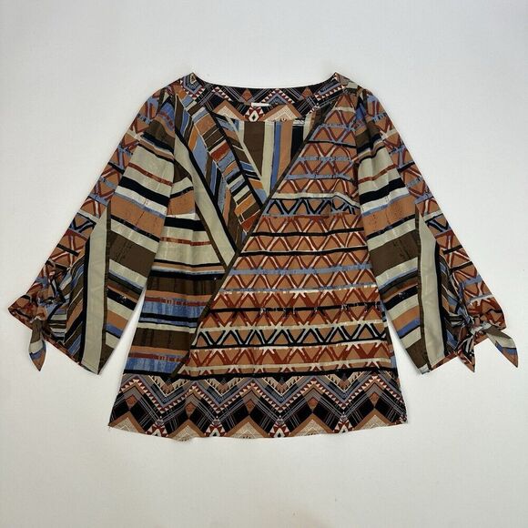 Chico's Multicolor Geometric Chiffon Blouse 3/4 Sleeve Boat Neck Sz S (Chicos 0) - Picture 2 of 14